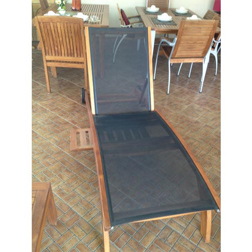 POOL LOUNGER - FRENCH IMPORTED OUTDOOR MATERIAL - TEAK FRAME WITH SLIDE OUT TABLE (MADE IN INDONESIA)